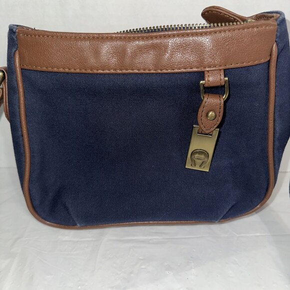 Etienne Aigner Navy Blue Canvas Crossbody Purse With Brown Leather Trim - Picture 2 of 5